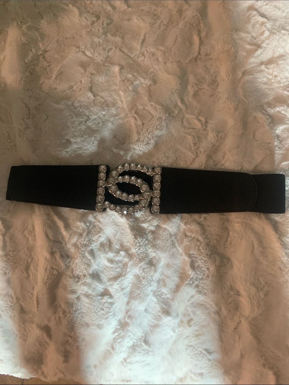 New Bebe Black Elastic Waist Belt with Crystal Interlocking Buckle